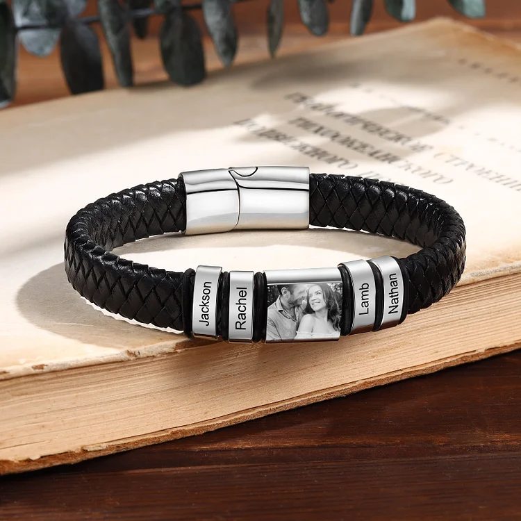 4 Names-Vintage Men's Bracelet Engraved Beads Leather Bracelet Gift for Him