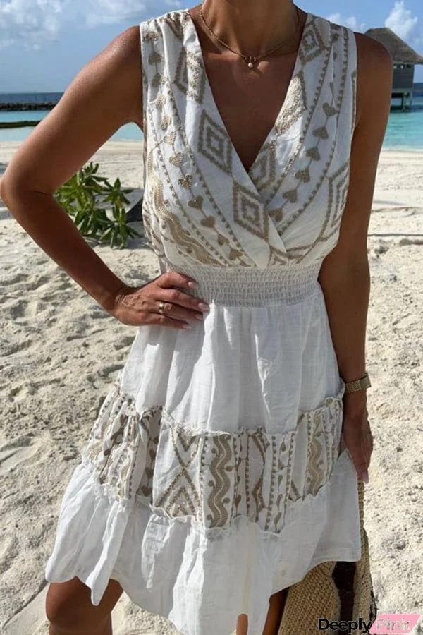 Fashion V-neck Sleeveless Embroidered Print Dress