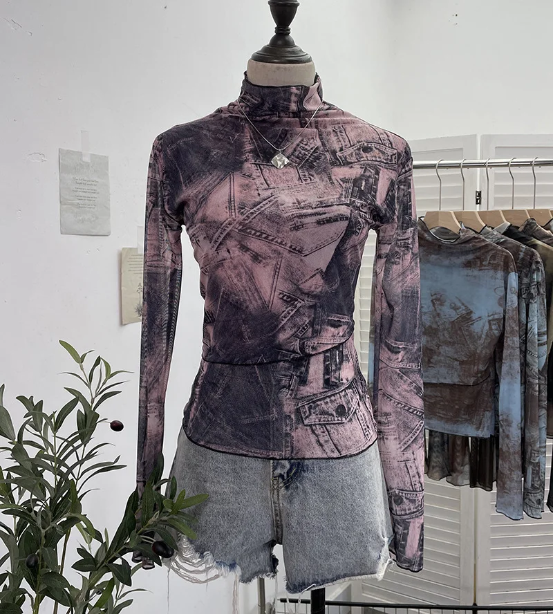 Uveng Real Shooting Denim Pattern Dye Printing Retro Babes Thin Mesh T-Shirt High-Necked Long Sleeve Bottom Shirt Top 9950