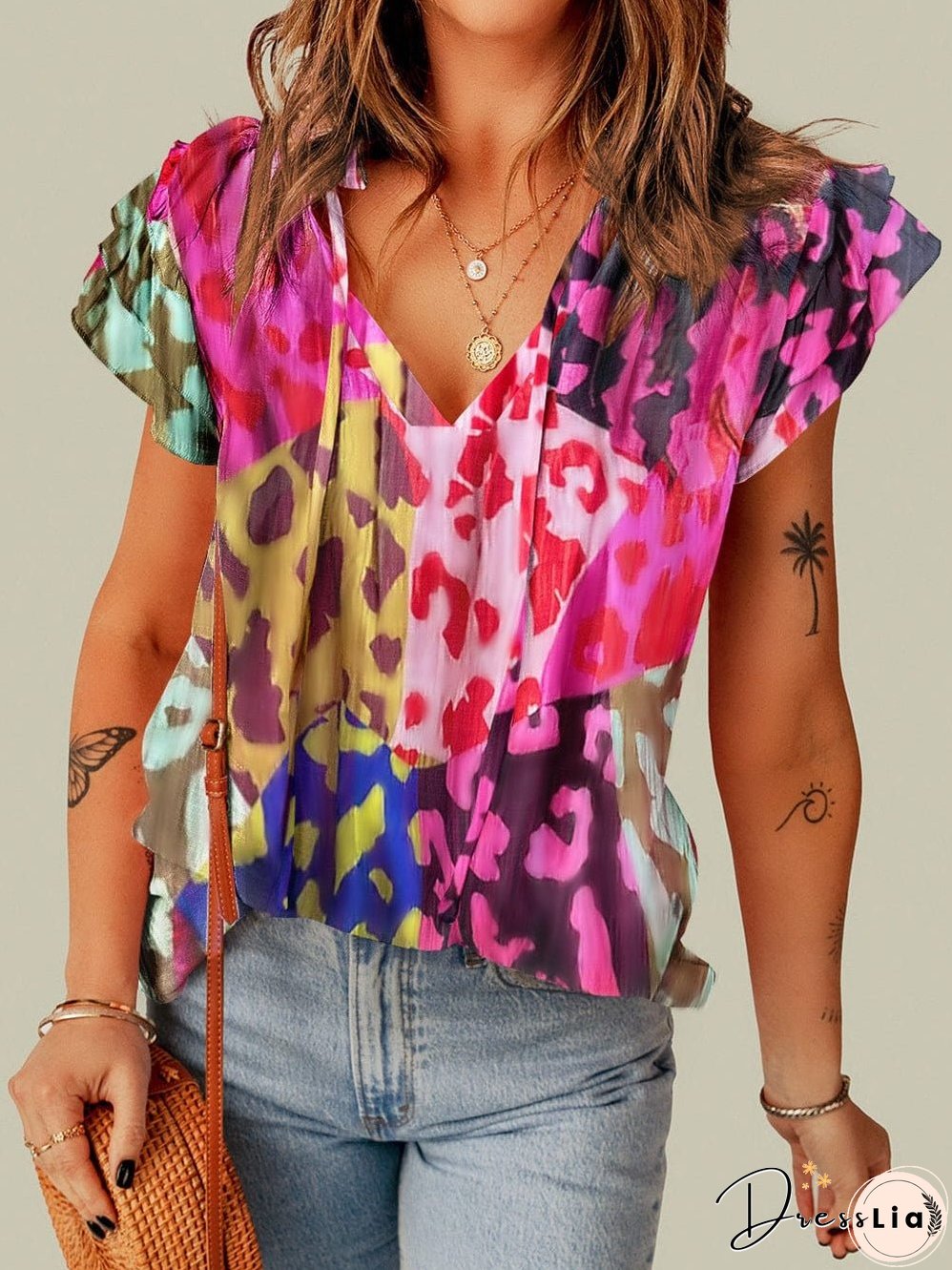 Rose Patchwork Leopard Print Ruffle Sleeve V Neck Blouse