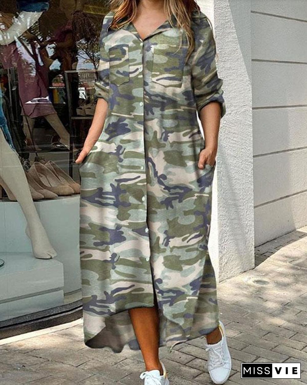 Camouflage Print Sequins Pocket Design Maxi Dress