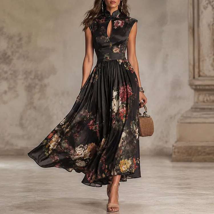 Elegant Floral Pattern Fitted Sleeveless Midi Dress