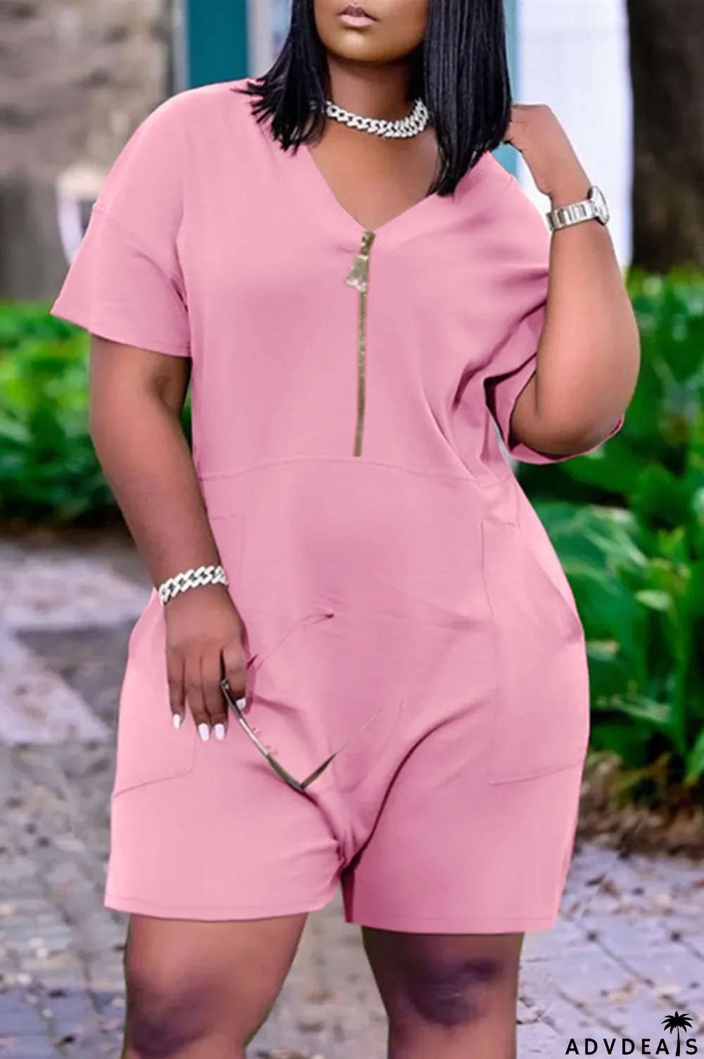 White Fashion Casual Solid Pocket V Neck Loose Romper