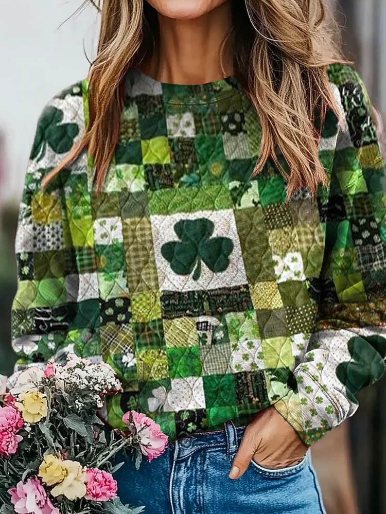 Women's Shamrock Floral Collage Print Casual Crew Neck Sweatshirt