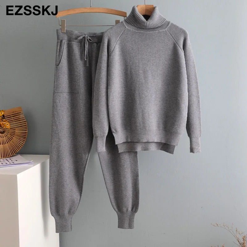 2021 2 Pieces Set Women Knitted Tracksuit Turtleneck Sweater + Carrot Jogging Pants Pullover Sweater Set CHIC Knitted Outwear