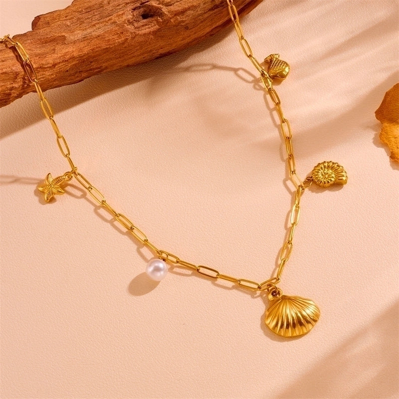 Cute Sweet Star Bow Knot Shell Titanium Steel Pearl 18K Gold Plated Hollow Out Inlay Pendant Necklace4