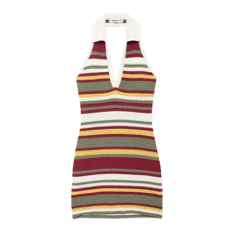 Toloer Knitted Stripe Halter Collar Mini Dress-Outfit Ideas