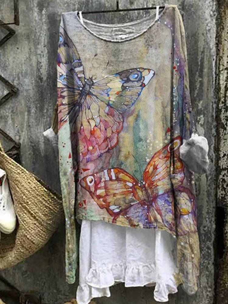 Vintage Butterfly Pattern Round Neck Shirt Tunic Top