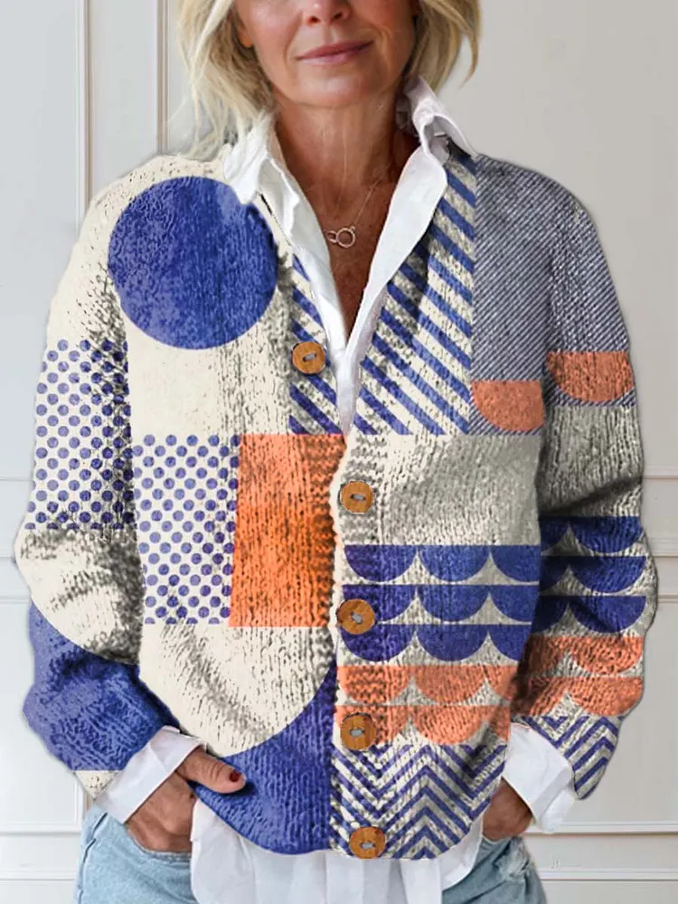 Women's Geometric Pattern Art Print Buttoned Cardigan Sweater