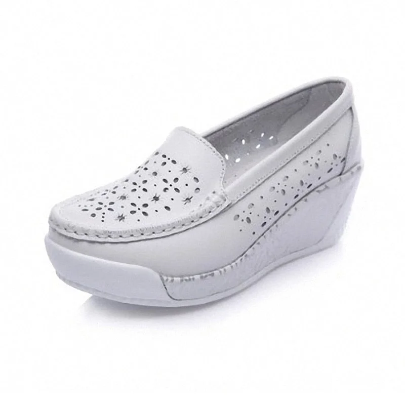  New Women's Genuine Leather Platform Shoes Wedges White Lady Casual Shoes Swing Mother Shoes Size 35-40