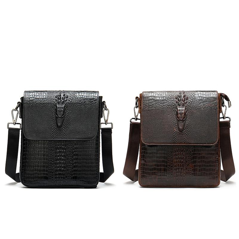 Foldover Top Detachable Sling Strap Crocodile Textured Genuine Leather Messenger Bag