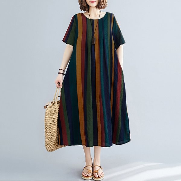 Zanzea Women Summer Short Sleeve Plus Size Vintage Striped Dresses Long Dress - BlackFridayBuys