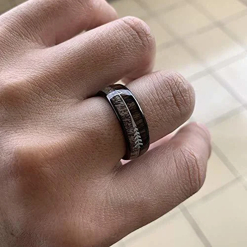 6MM 8MM Women's Or Men's Tungsten Carbide Wedding Matching Rings Black Cupid's Arrow over Wood Inlay with High Polish Antler and Dark Wood Inlay Domed Top