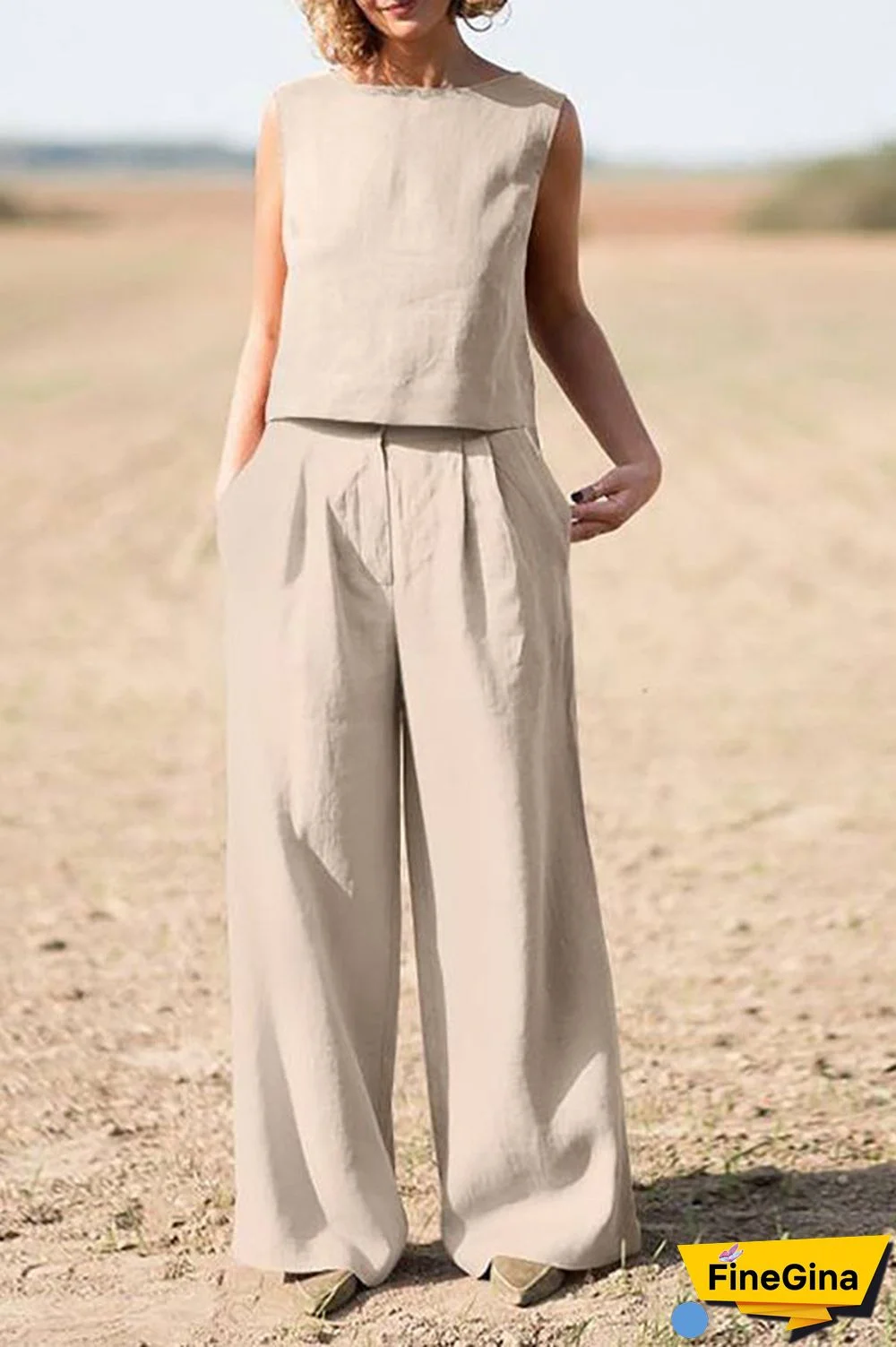 Solid Sleeveless Blouse Pants Set