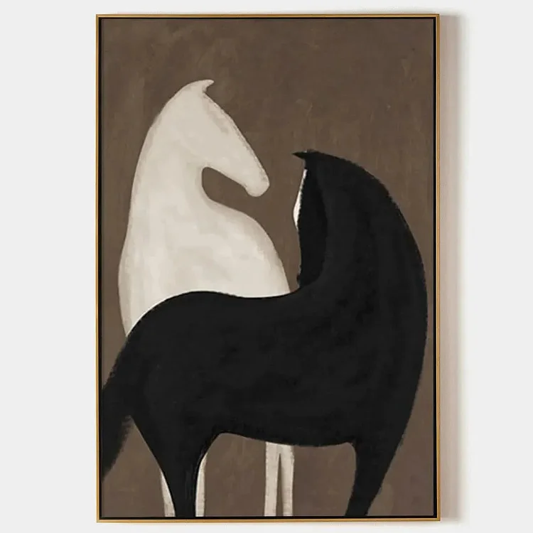 TWO HORSES ON BROWN: Minimalist Horse Painting, Vertical Wall Art（Canvas painting）