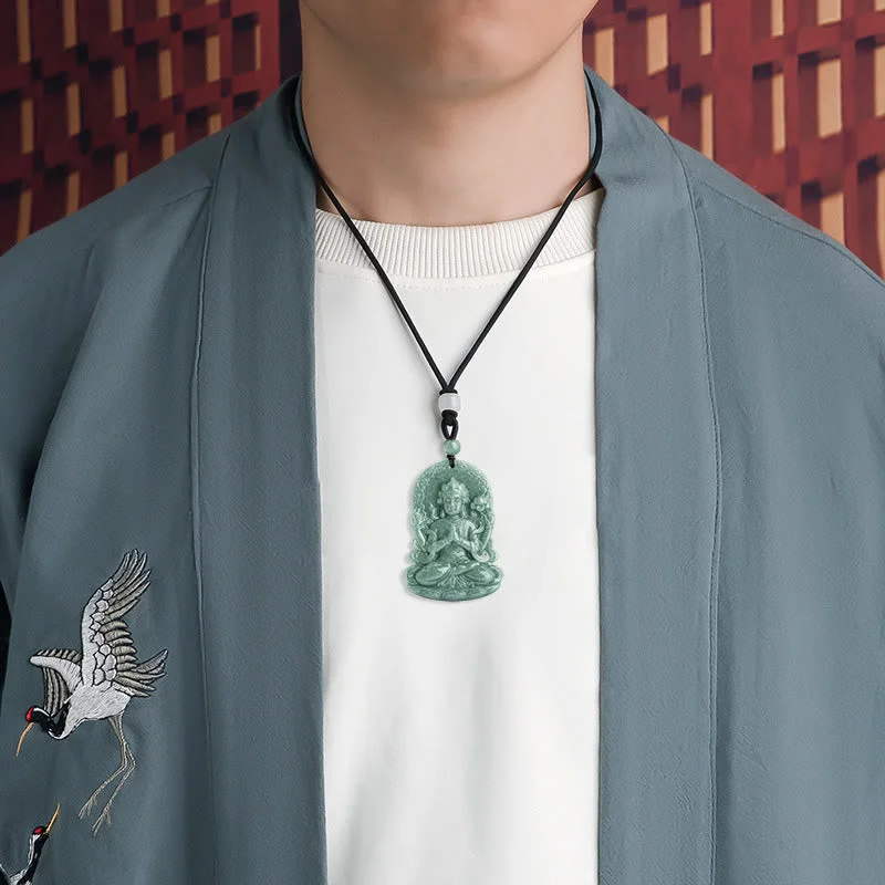 Four-armed Kwan Yin Avalokitesvara Natural Jade Abundance String Necklace Pendant
