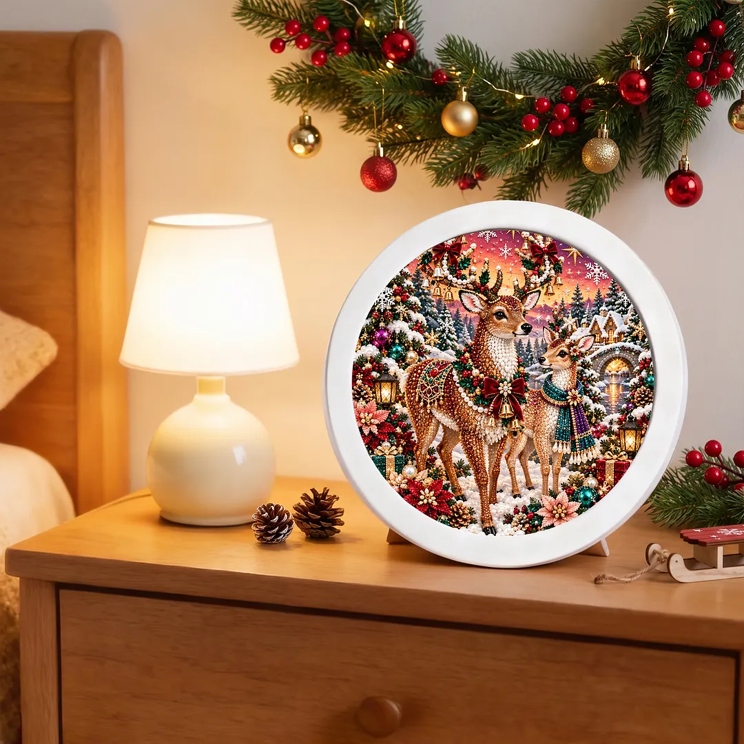 Framed 5D Diamond Painting Kit Holiday Deer Round 7.87x7.87in