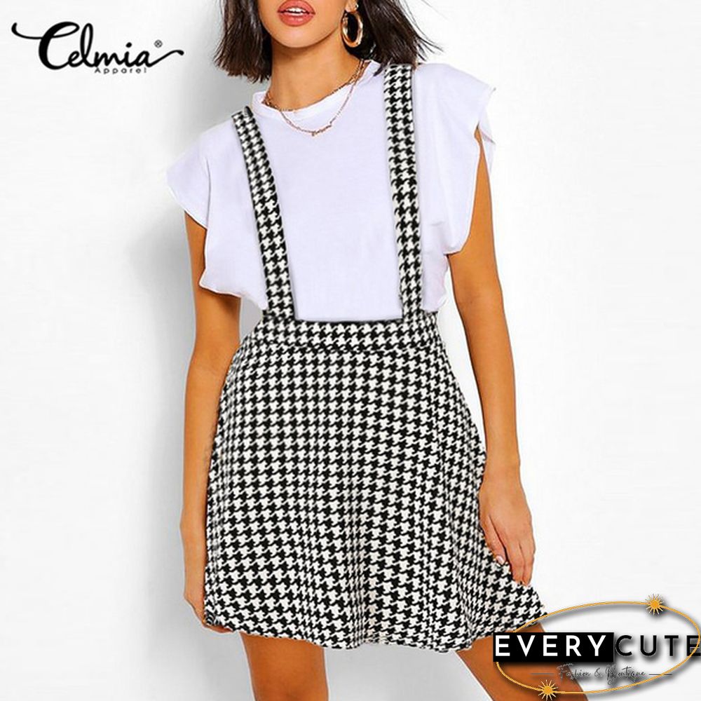 Summer Women Plaid Loose Swing Strap Skirt Dress Casual Suspender Skirt Plus Size