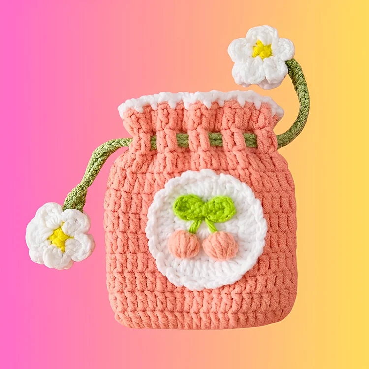 Lulusnow Handmade Lovely Fruits Cherry Small Money Pouch Crochet Mini Drawstring Bag