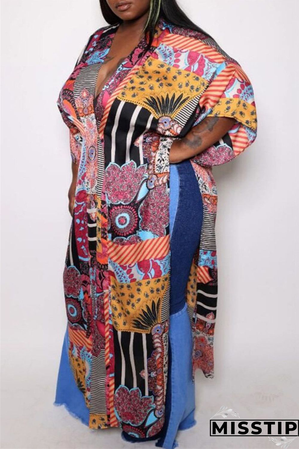 White Fashion Casual Print Slit Cardigan V Neck Plus Size Overcoat