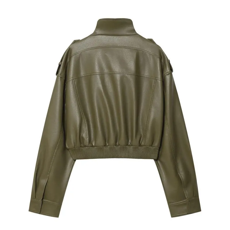 Women's Olive Green Faux Leather Bomber Moto Jacket with Stand Collar and Flap Pockets, Casual Short Layered Streetwear Outerwear Women's Olive Green Faux Leather Bomber Moto Jacket with Stand Collar and Flap Pockets, Casual Short Layered Streetwear Outerwear