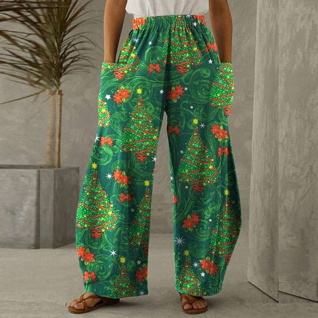 Green Christmas Trees Print Loose Pants