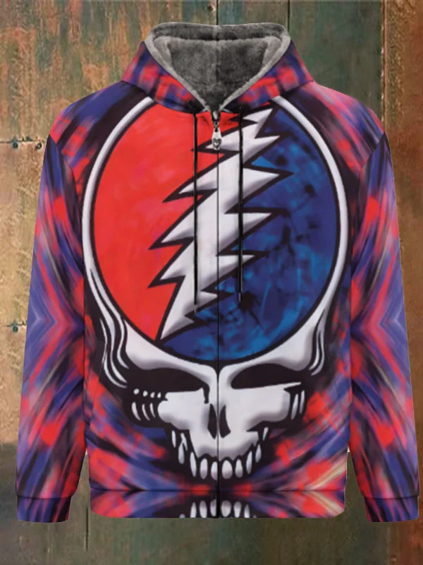 Unisex Skull Print Double Layer Fleece Zip-Up Hooded Jacket