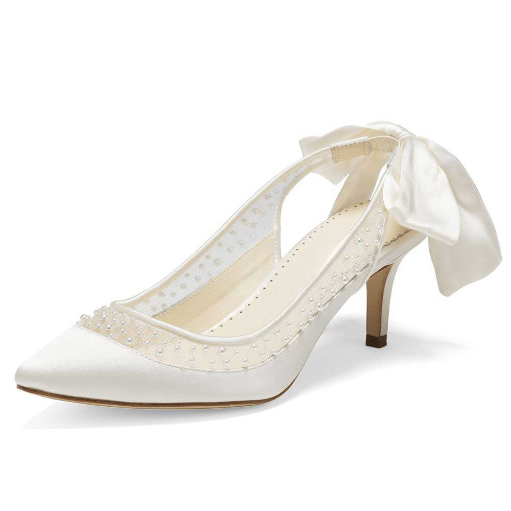 White Satin Pointed Toe 4‘’ Kitten Heel Slingback Pumps with Bow Nicepairs