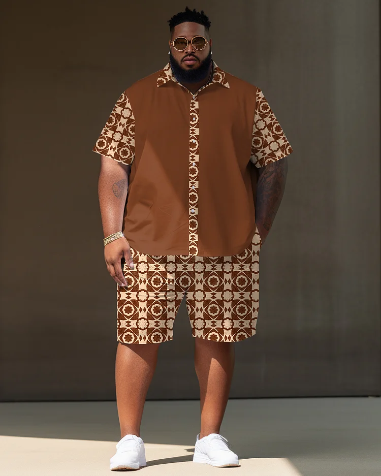 Men's Plus Size Geometric Pattern Short Sleeve Shirt And Shorts Set