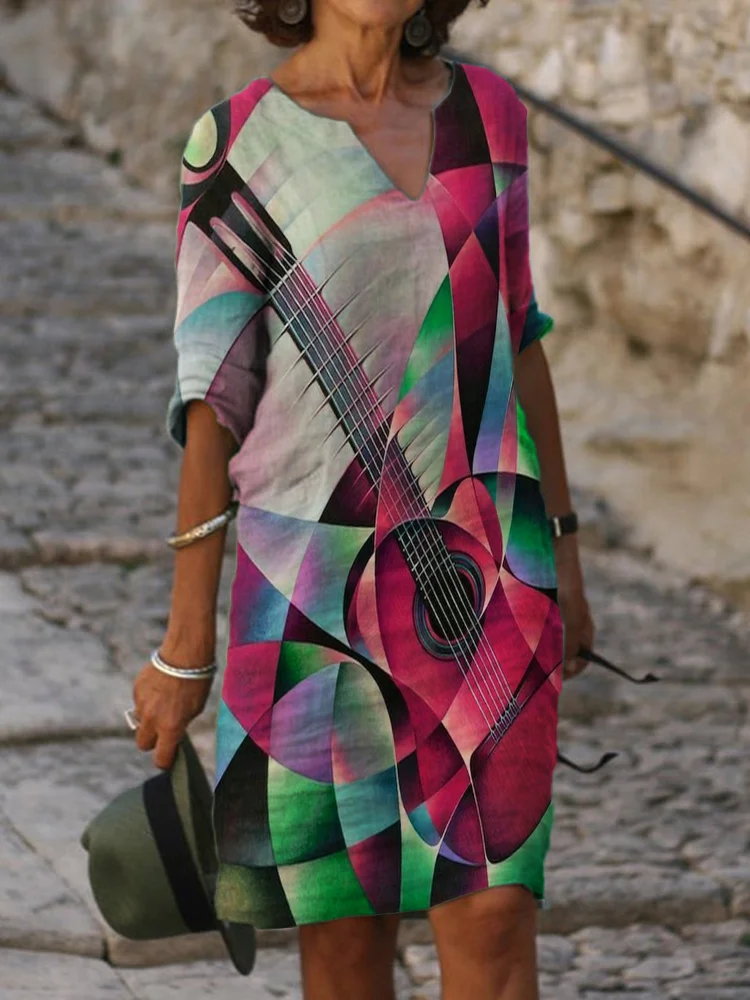 Guitar Geometric Art Notch Neck Midi Dress