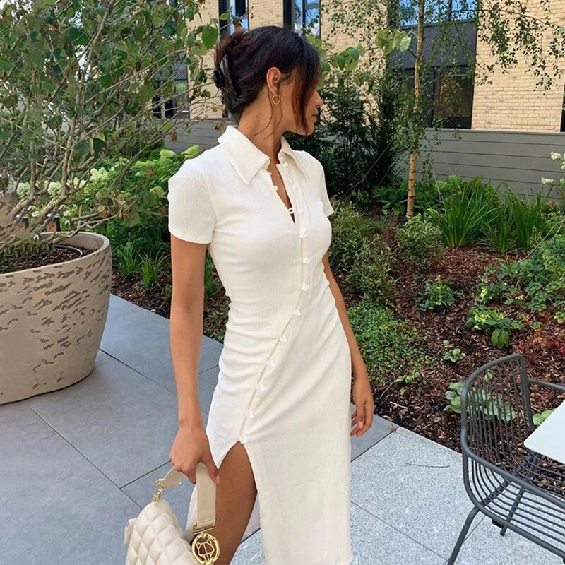 Polo Collar Elegant Office Lady Dress 2022 Summer Bodycon Side Split Sexy Evening Party Dresses Women Short Sleeve Midi Dress