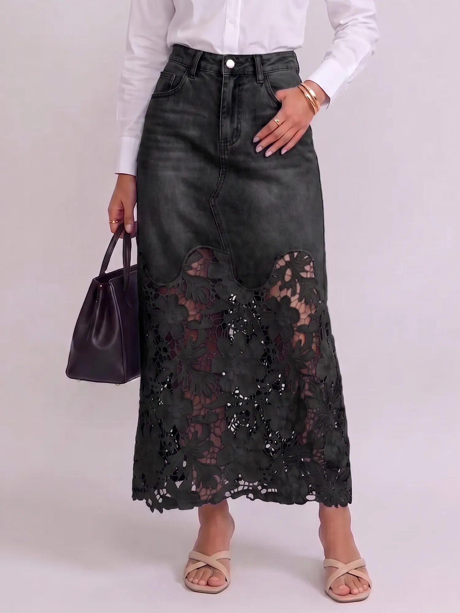 Western Style - Women's Hollow-out Water-soluble Lace Patchwork Denim Midi Skirt