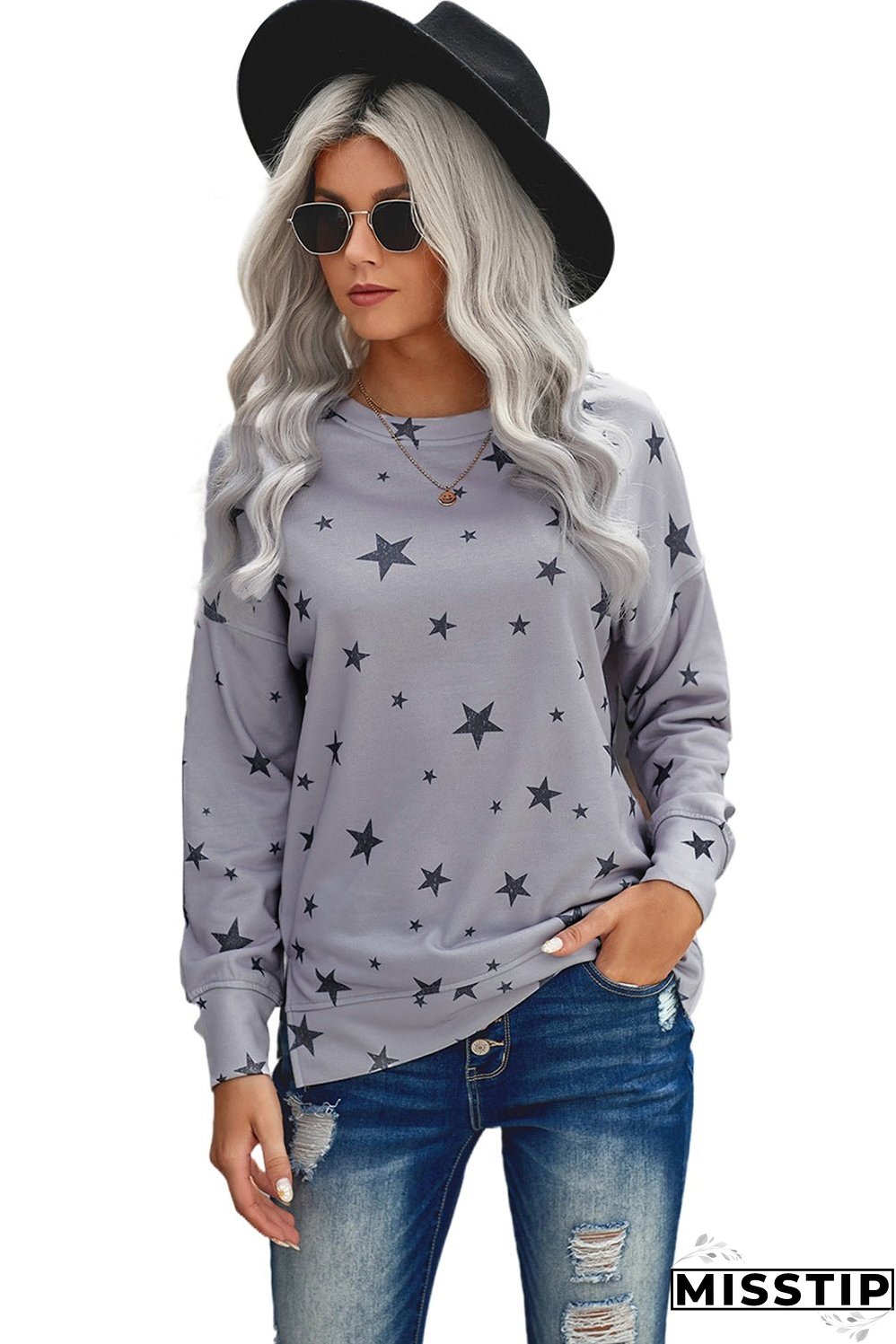 Women's Gray Round Neck Star Print Casual Long Sleeve Top