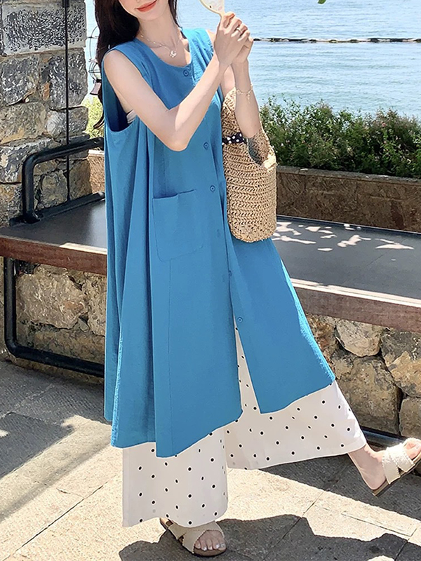 Sleeveless Button Midi Dress And Polka Dot Wide Leg Pants Set