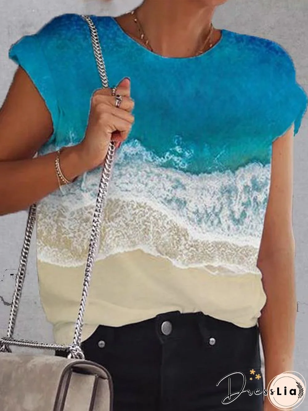 Bateau/boat Neck Short Sleeve Abstract Cotton Tops