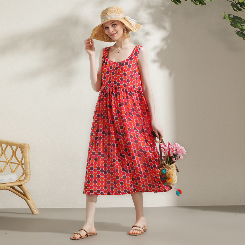 Ramie Sleeveless Dress Vacation Polka Dot REAL SILK LIFE