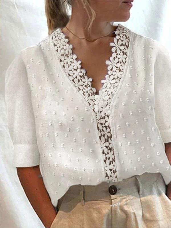 Women's Spring Summer Lace Texture Cotton Linen Short Sleeve V Neck Shirt