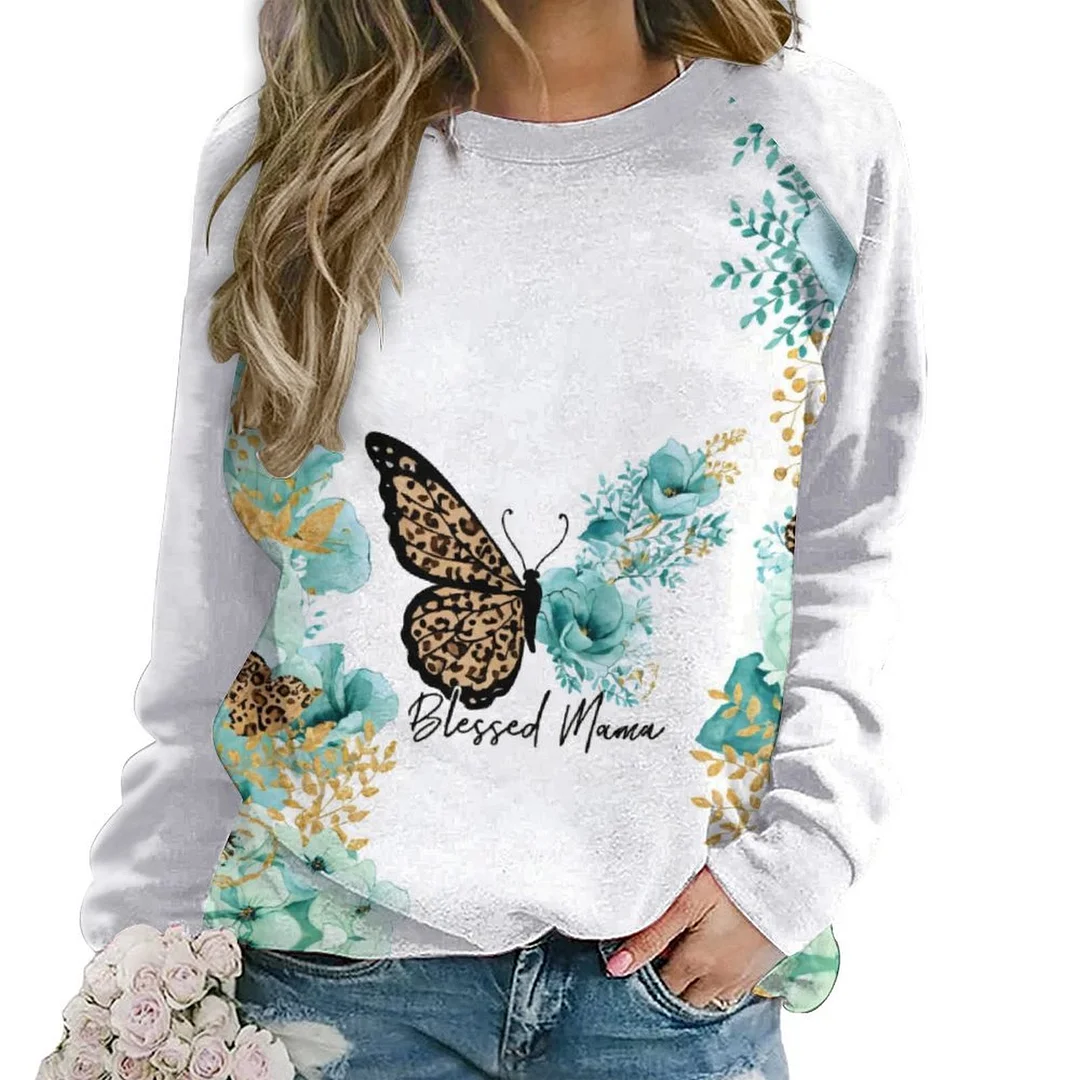 Printed Long Sleeve Casual Sweatshirt for  Women and Men Unisex Pattern Turquoise, Floral, Green, Butterfly