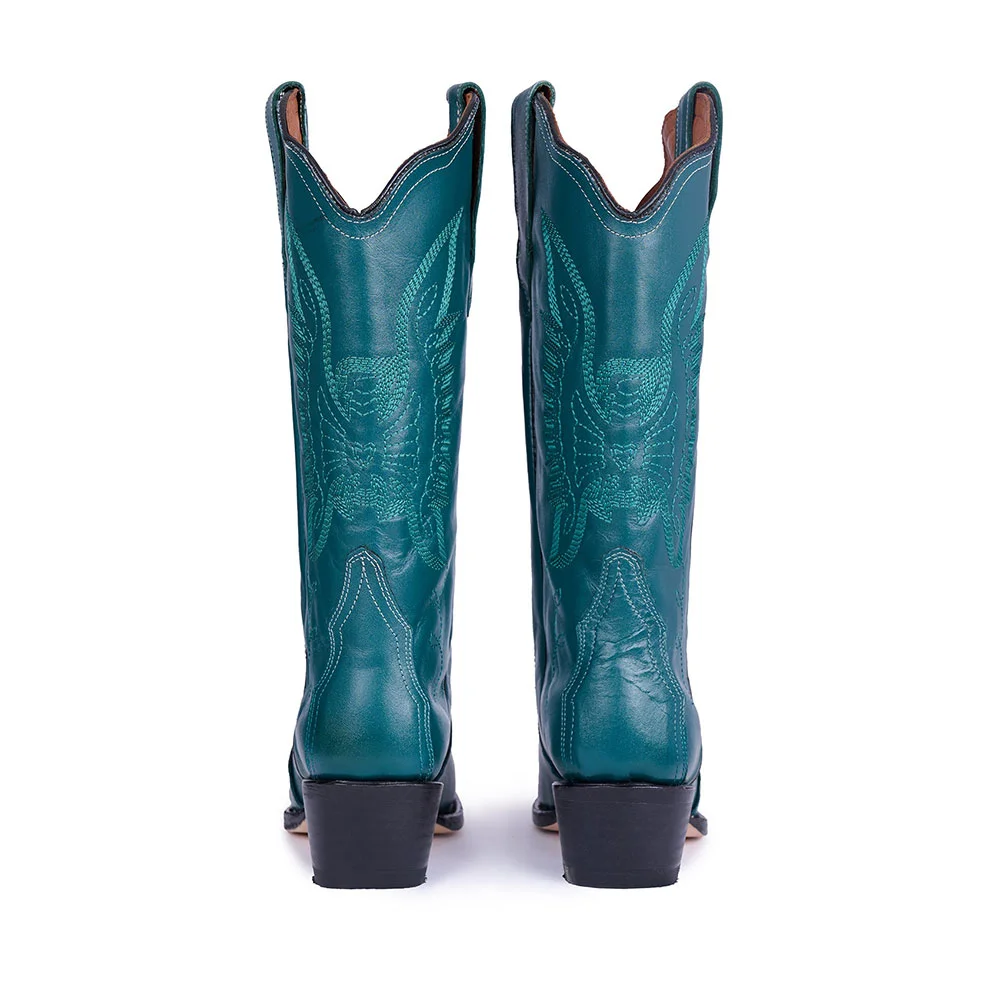 Teal Chunky Heel Pointed Toe Cowgirl Boots with Eagle Embroidery