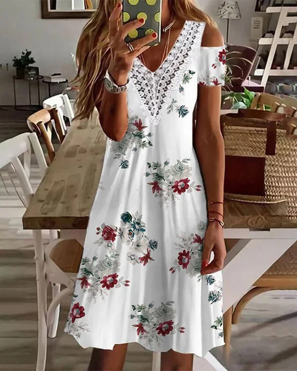 Sexy V-Neck Loose Printed Lace Off-the-Shoulder Dress