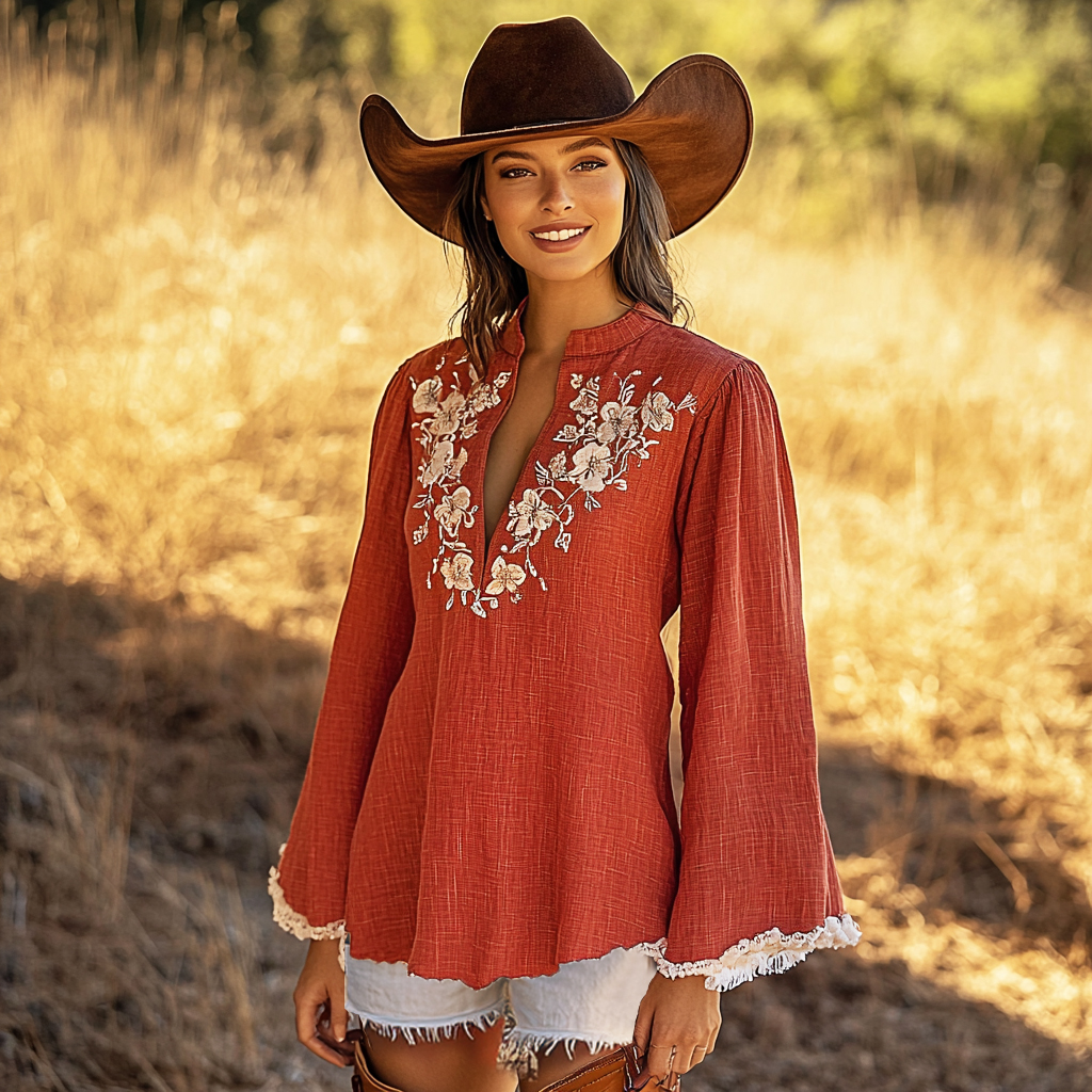 Women's Ethnic Bohemian Floral V-Neck Long Sleeve Shirt