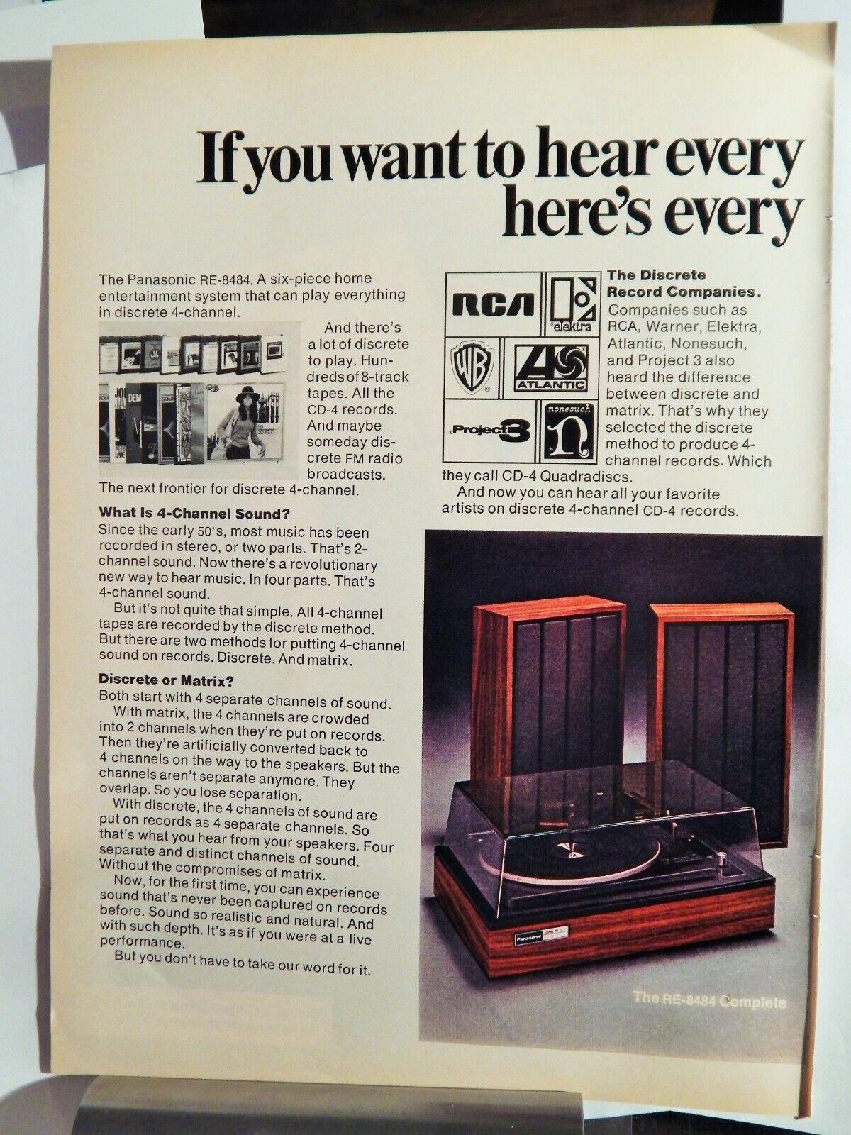 PANASONIC 4-CHANNEL AUDIO SYSTEM / KENT CIGS VTG 1973 Photo Poster painting AD,SOUGHT EPHEMERA