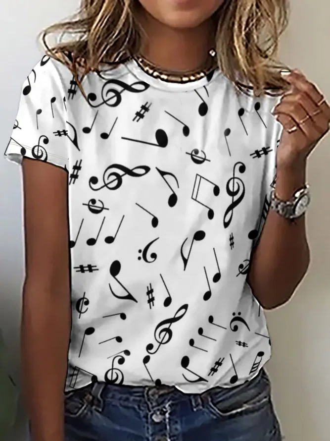 Casual Simple Music Note Print Round Neck Short Sleeve T-shirt