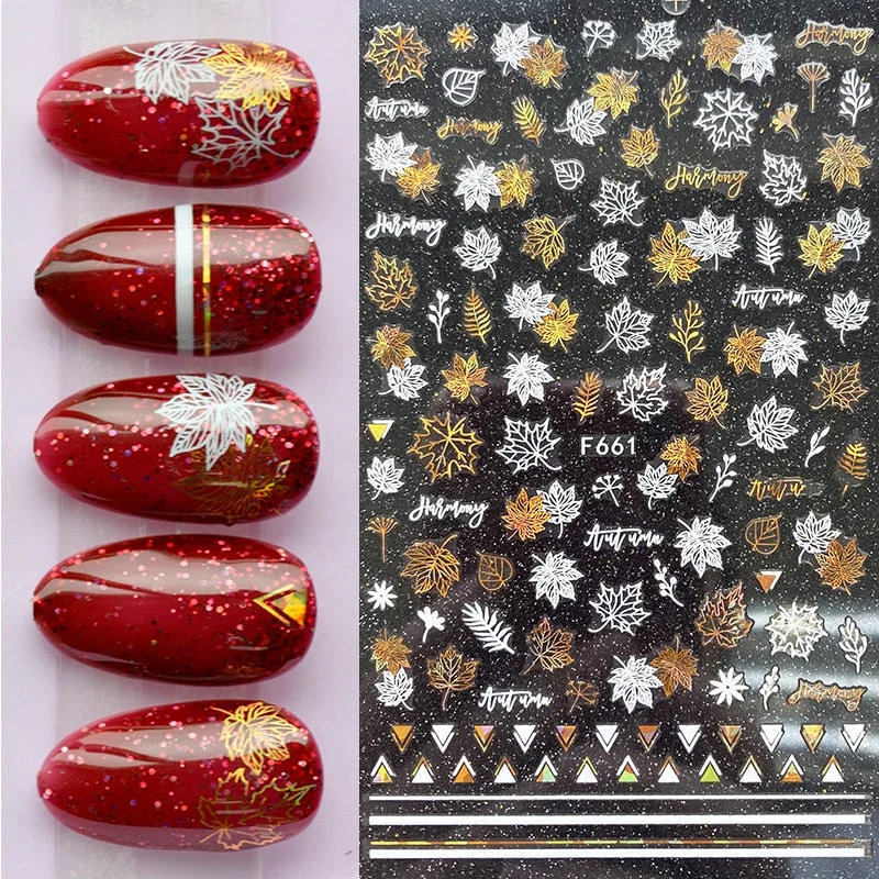 Gold White Bronzing Christmas Nail Sticker 3D Snowflakes Leaf Geometry Lines Letter For Manicure Sliders Decoration Accessories