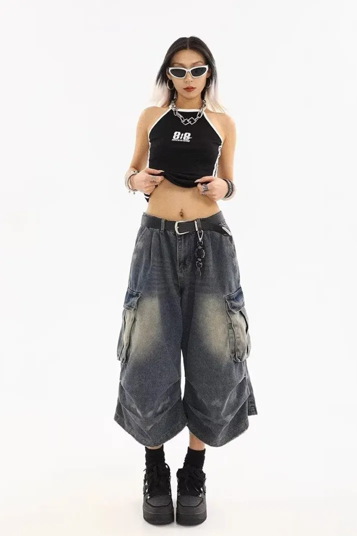 Vintage Washed Workwear Cropped Jeans