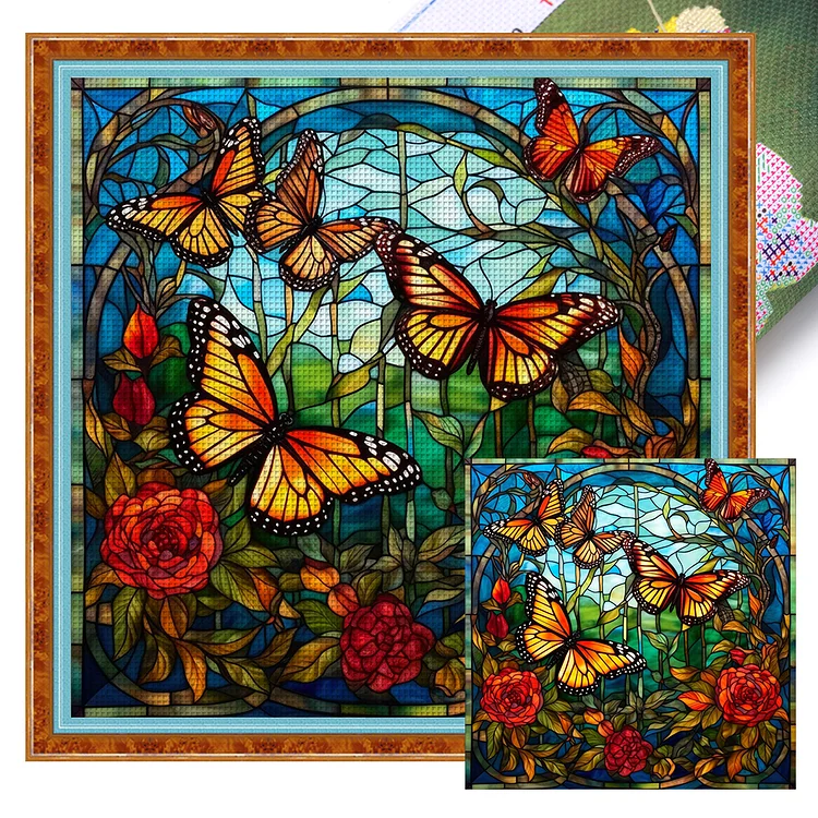 【Huacan Brand】Glass Art - Butterfly 14CT Stamped Cross Stitch 40*40CM