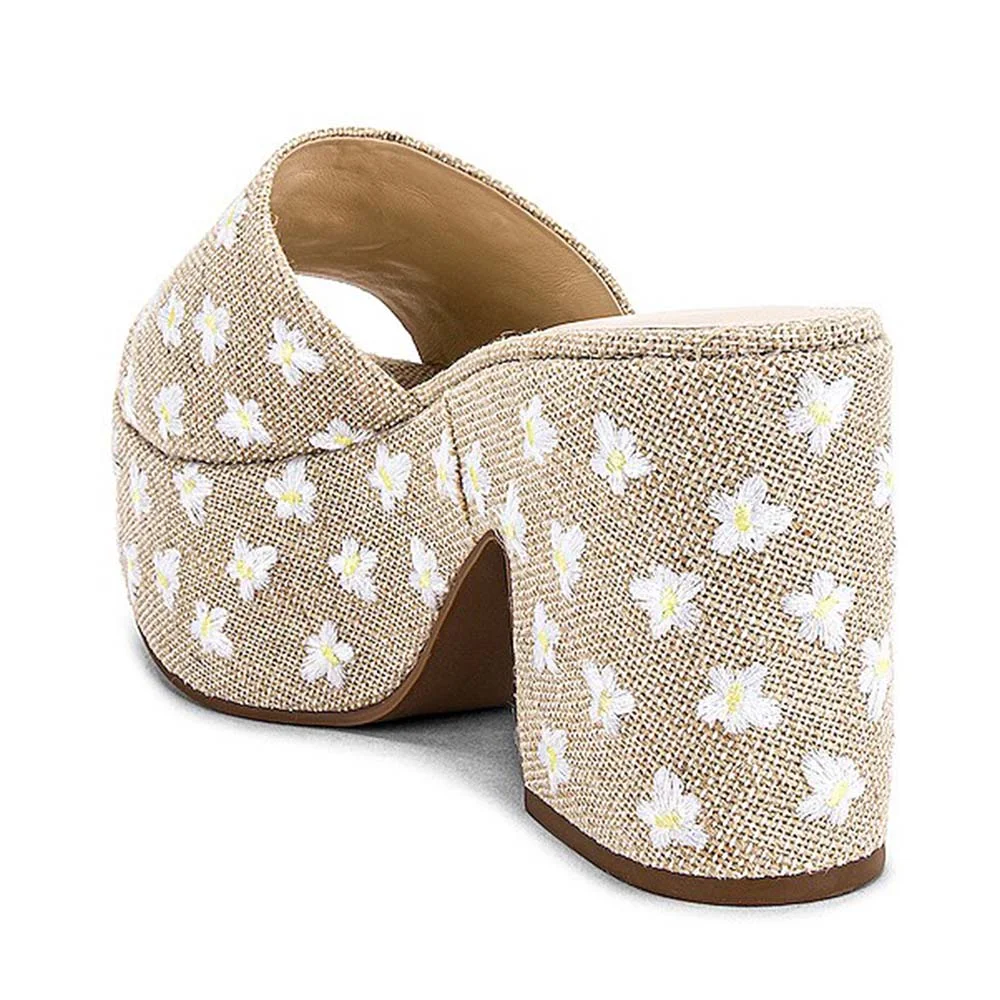 Beige Open Round Toe Flower Embroidery Platform Slide Sandals
