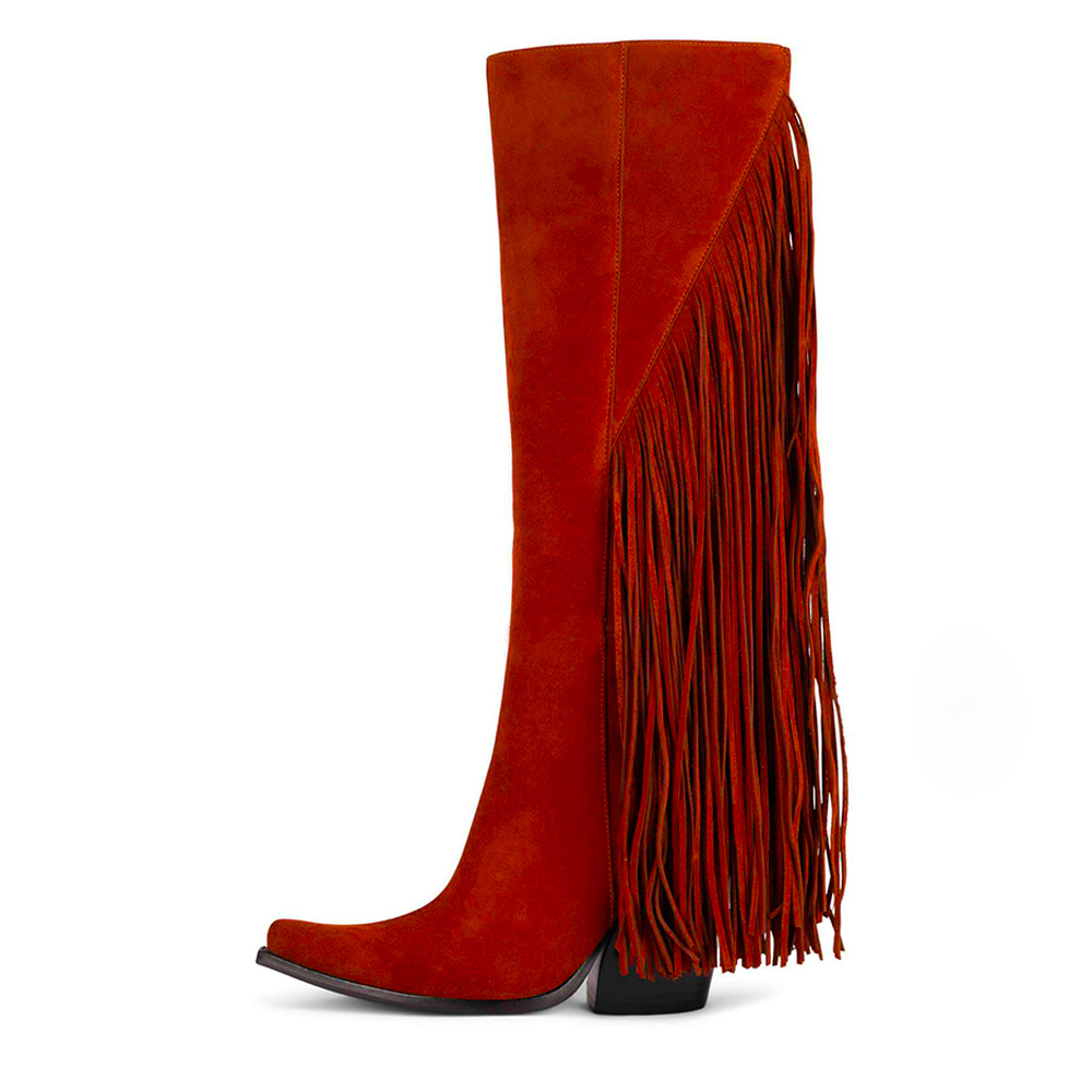 Red Vegan Suede Snip Toe Fringe Knee-High Western Boots for Women Nicepairs
