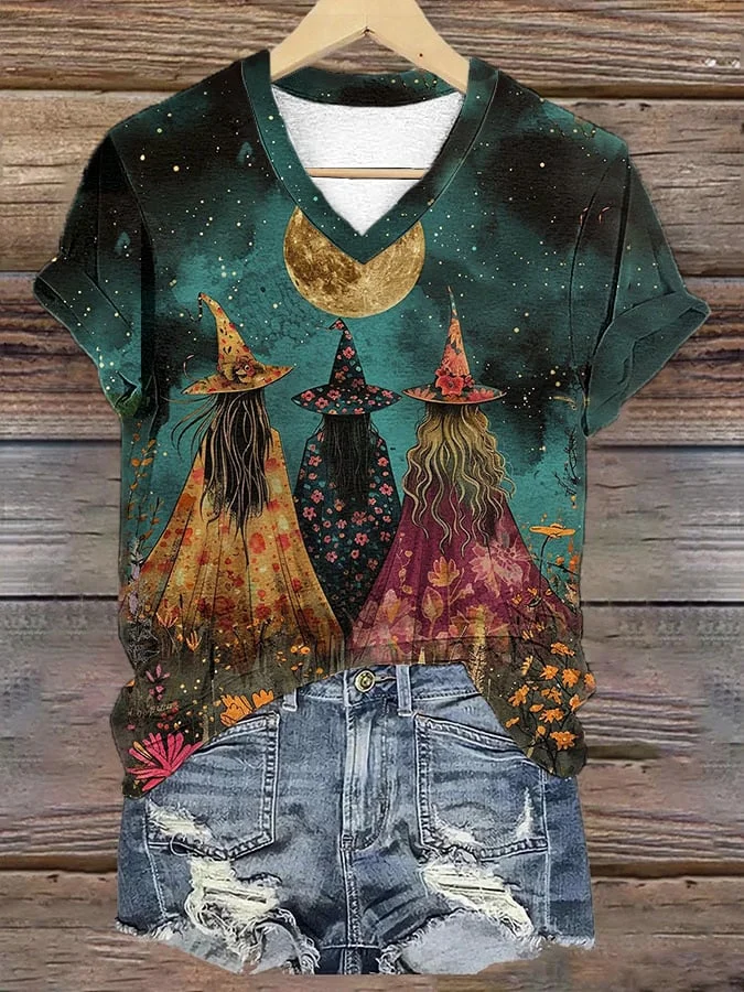 Womens Witch And Flowers Under The Full Moon Art Print T-Shirt