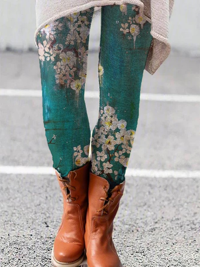 Floral Casual Elegant Green Pants
